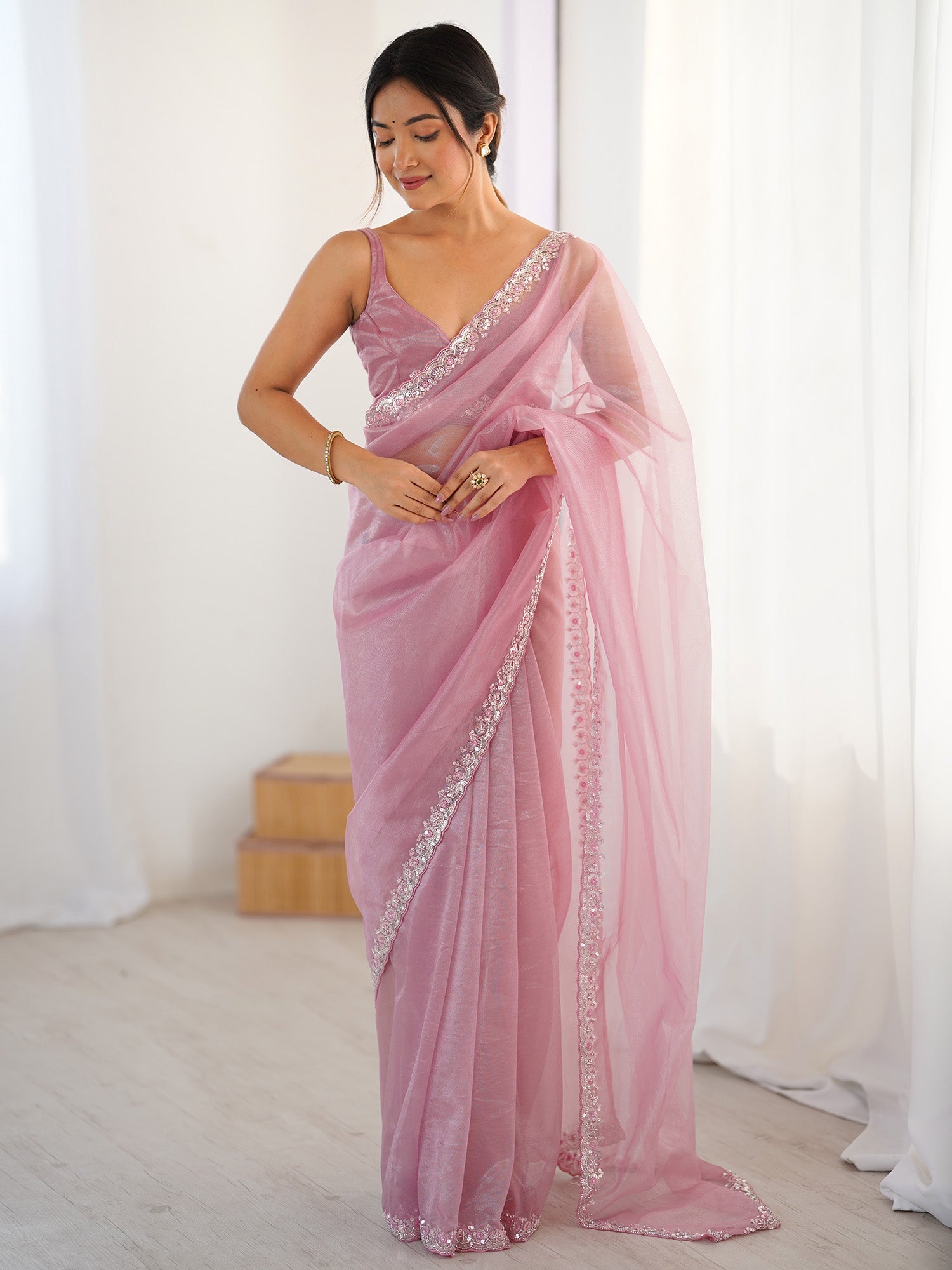 Pink Tissue Silk Zari Border Saree - Ressa