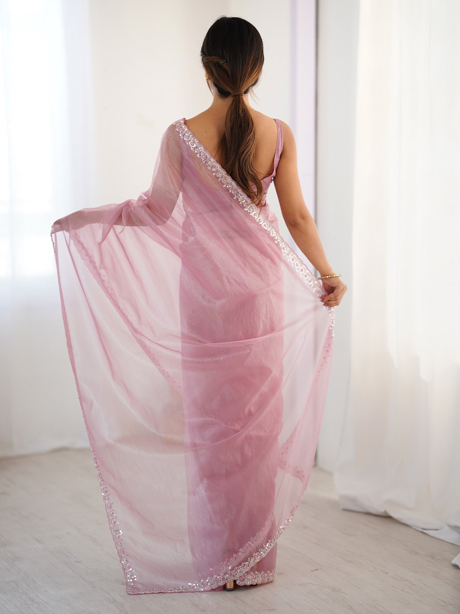 Pink Tissue Silk Zari Border Saree - Ressa