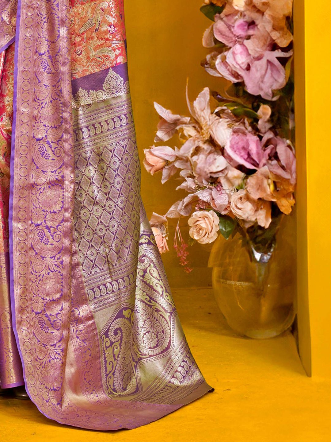 Pink & Violet Silk Blend Heritage Banarasi Style Saree - Ressa