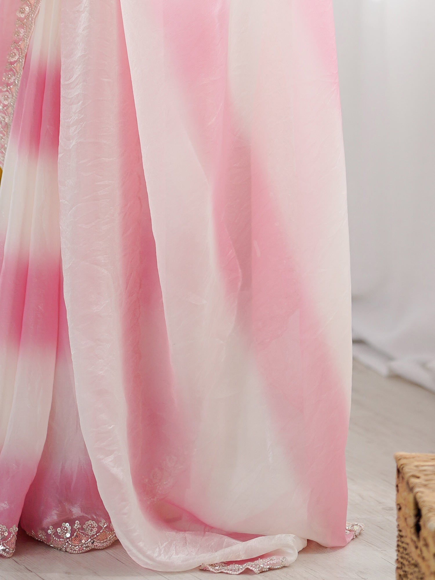 Pink & White Polyester Ombre Leheriya Saree - Ressa