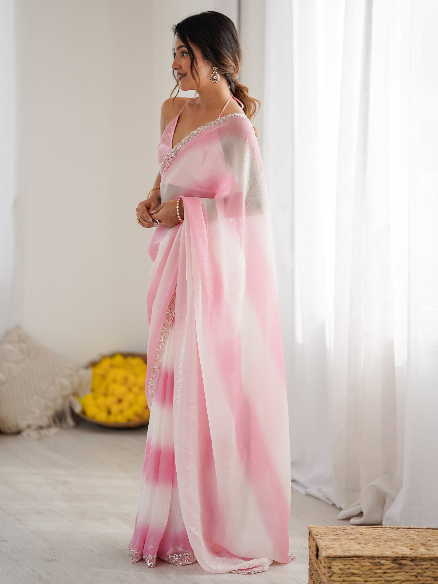 Pink & White Polyester Ombre Leheriya Saree - Ressa