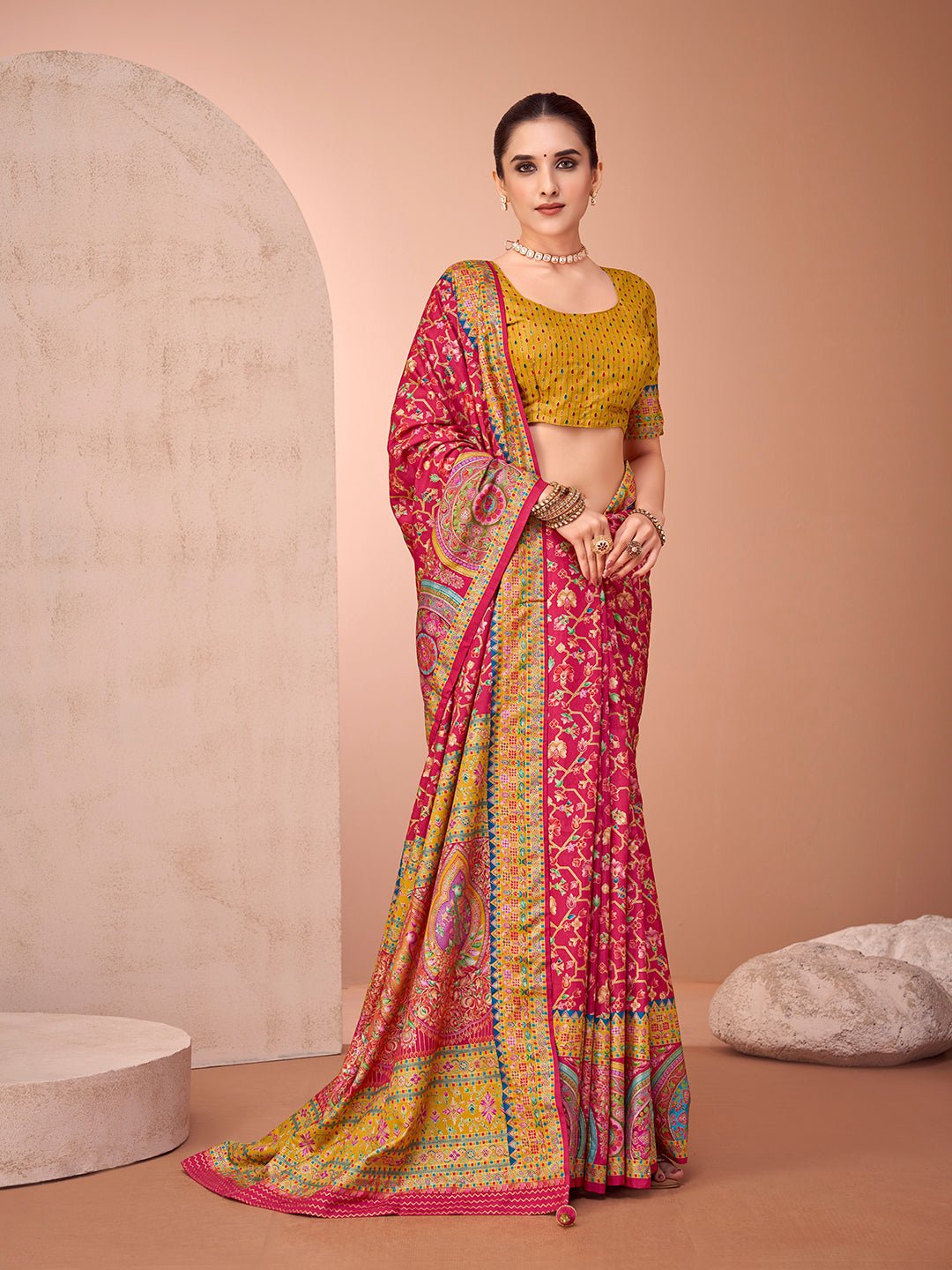Pink & Yellow Silk Blend Heritage Banarasi Style Saree - Ressa