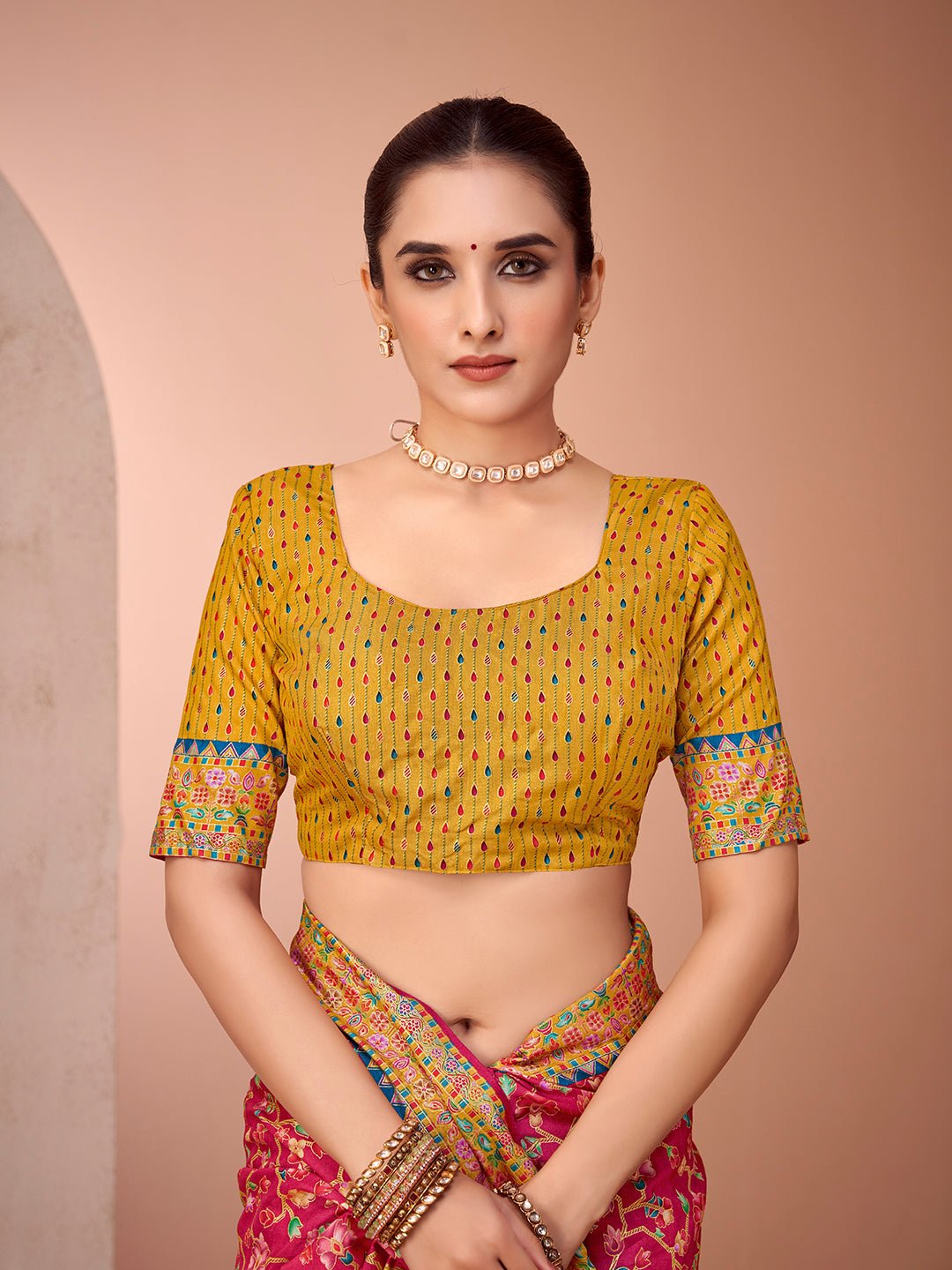 Pink & Yellow Silk Blend Heritage Banarasi Style Saree - Ressa