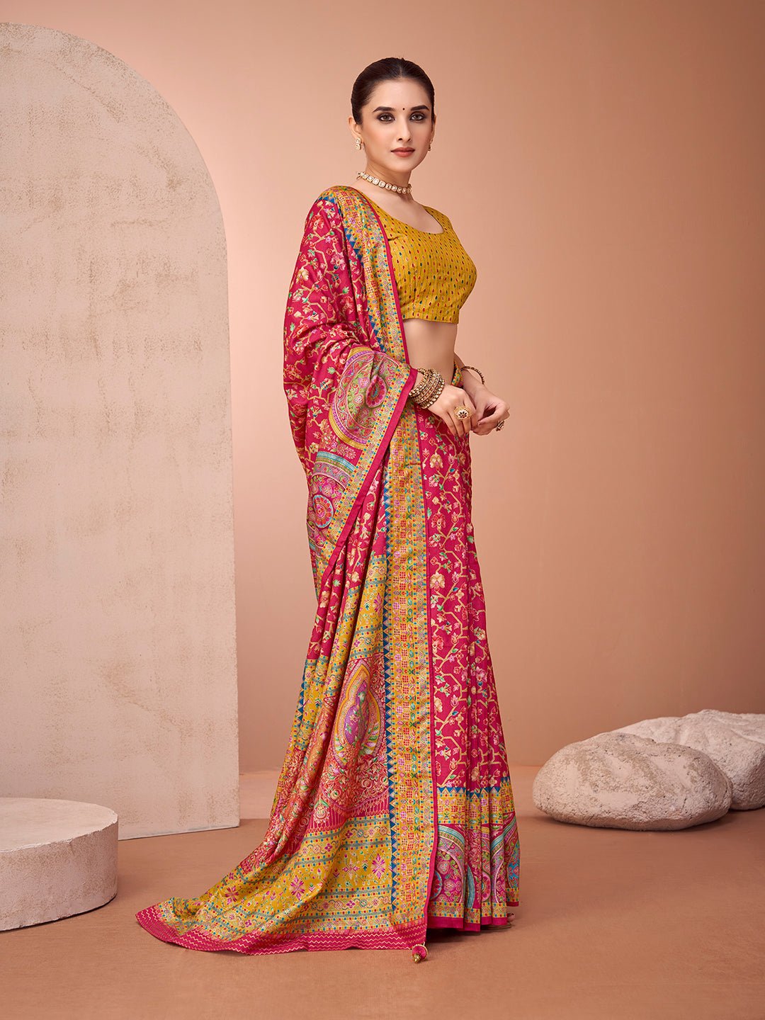 Pink & Yellow Silk Blend Heritage Banarasi Style Saree - Ressa