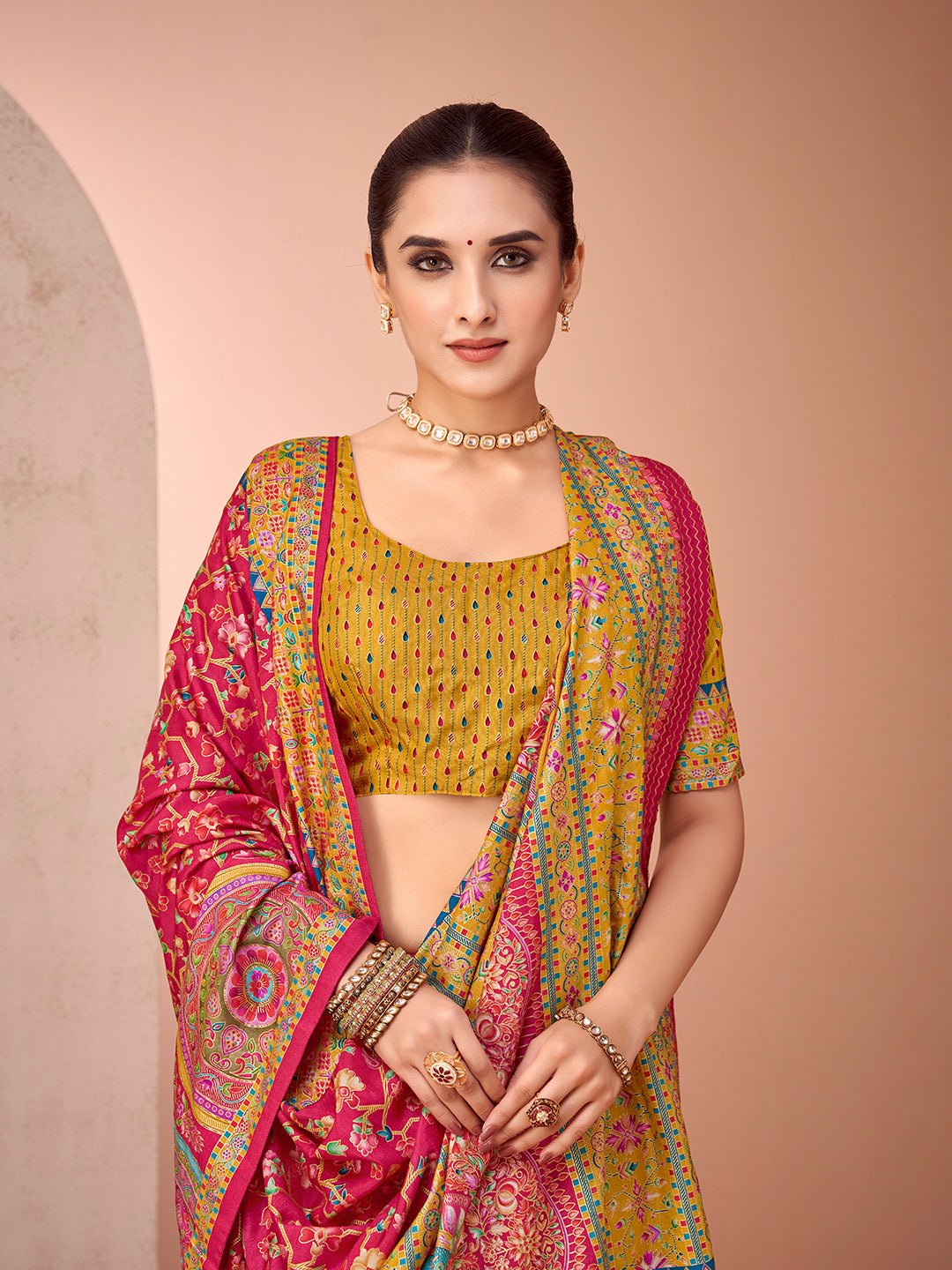 Pink & Yellow Silk Blend Heritage Banarasi Style Saree - Ressa