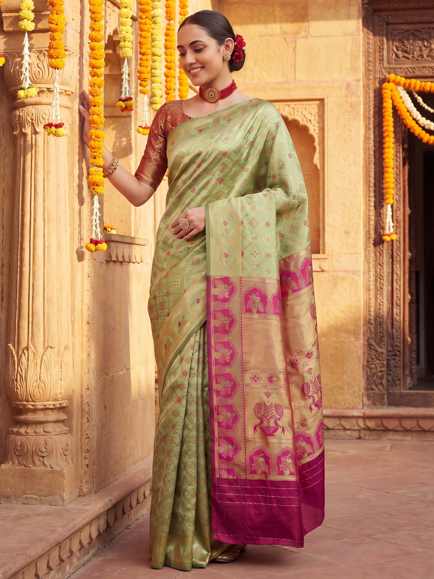 Pista Green Banarasi Silk Heritage Zari Weave Unstitched Blouse - Ressa