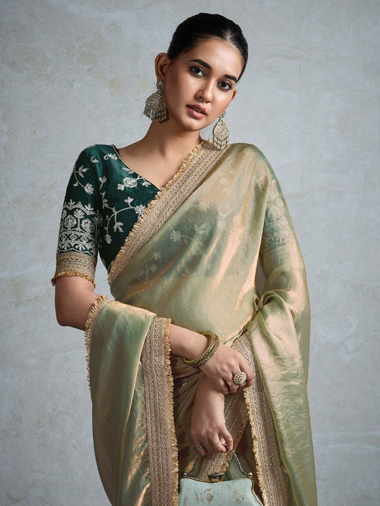 Pista Green Chiffon Embroidered Border Saree - Ressa