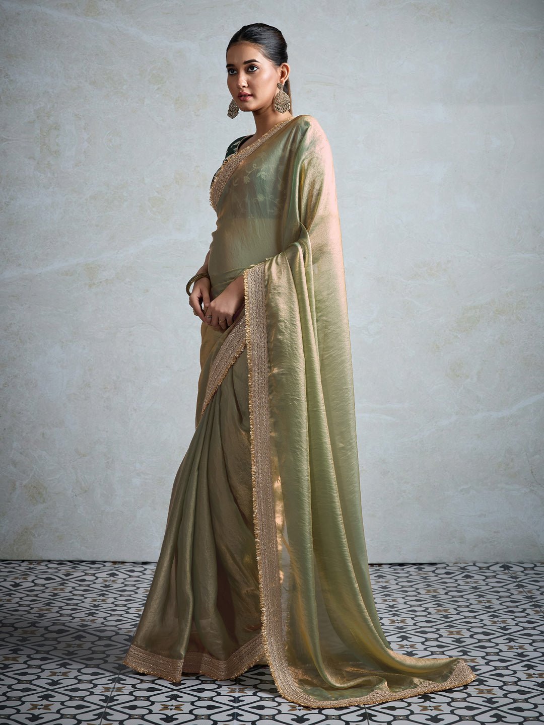 Pista Green Chiffon Embroidered Border Saree - Ressa