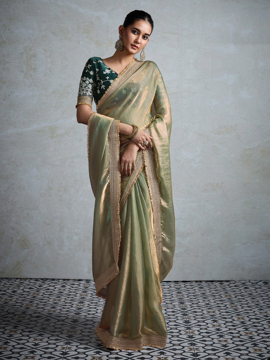 Pista Green Chiffon Embroidered Border Saree - Ressa