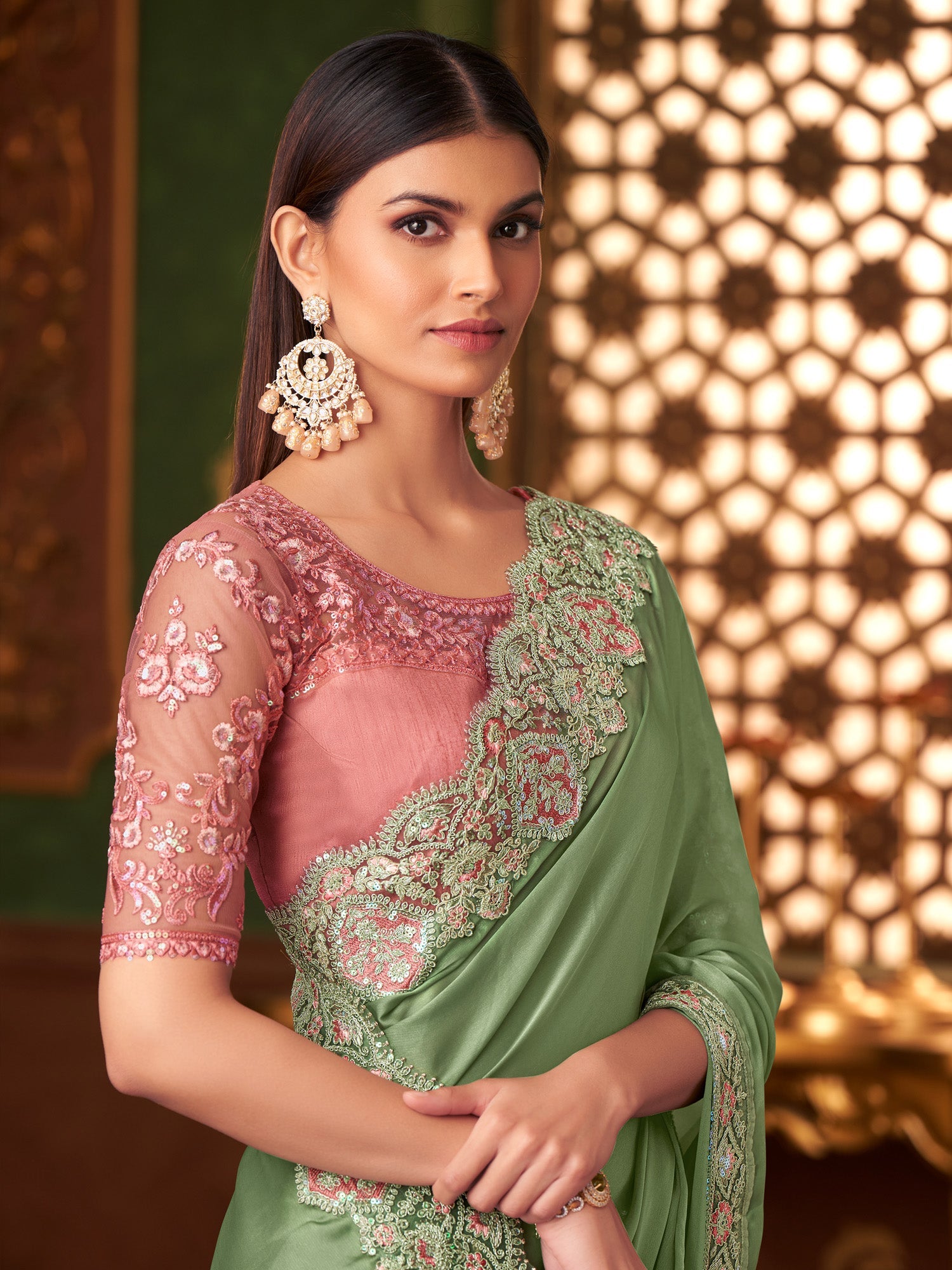 Pista Green Embellished Saree - Ressa