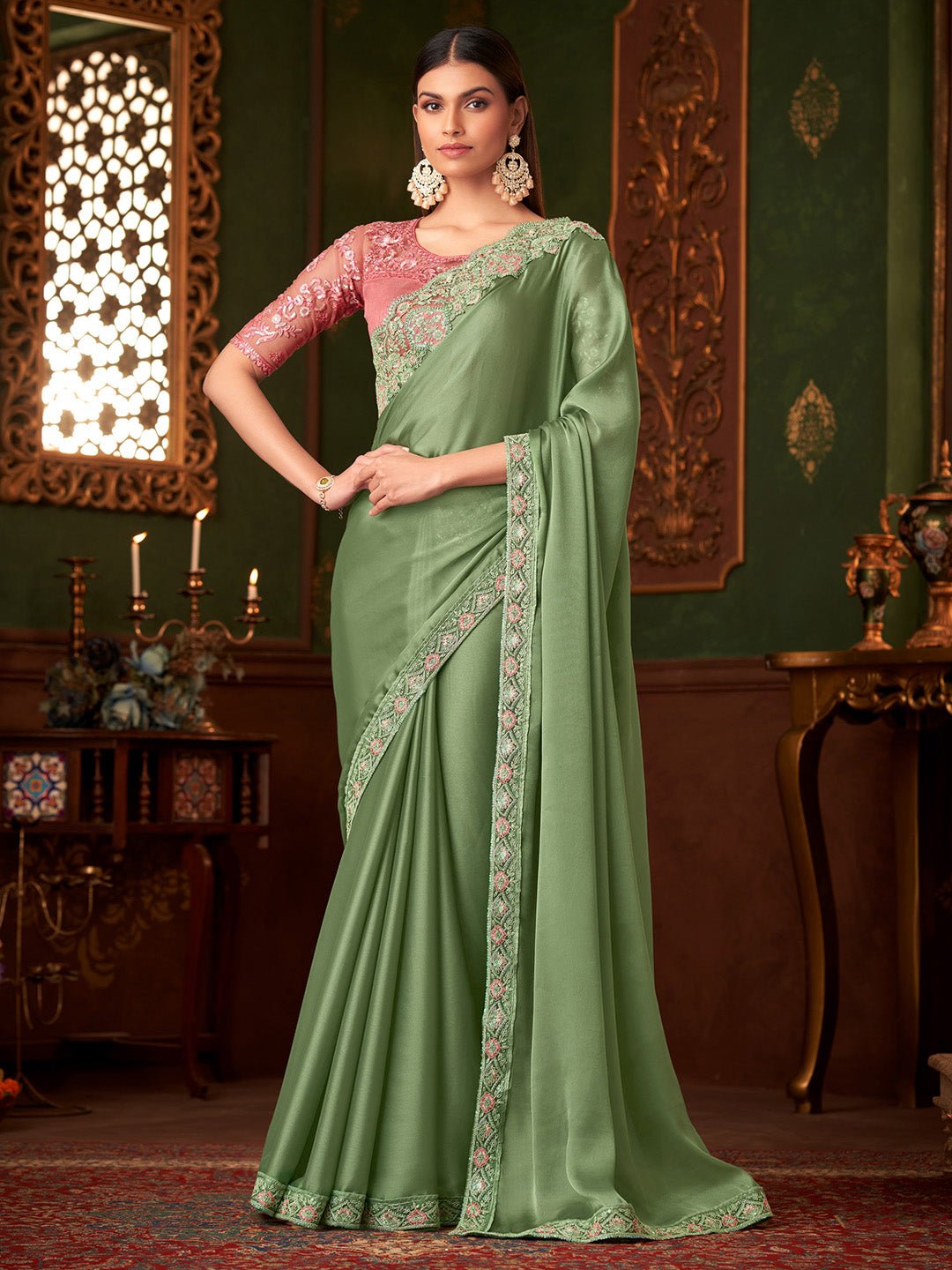 Pista Green Embellished Saree - Ressa
