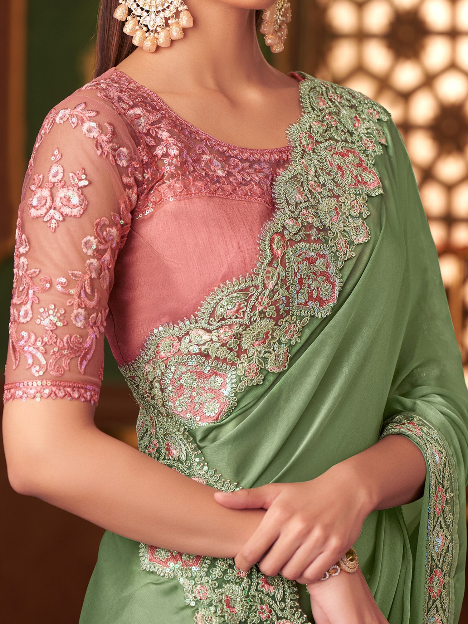 Pista Green Embellished Saree - Ressa