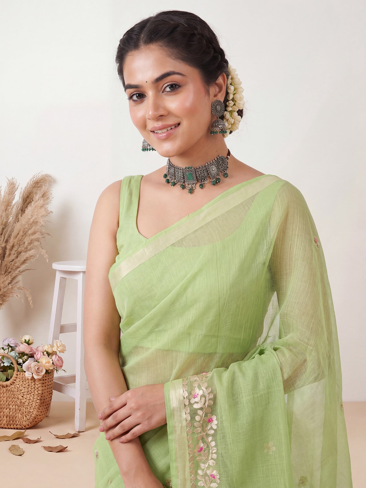 Pista Green Kota Doria Cotton Saree with Gota Patti Border - Ressa