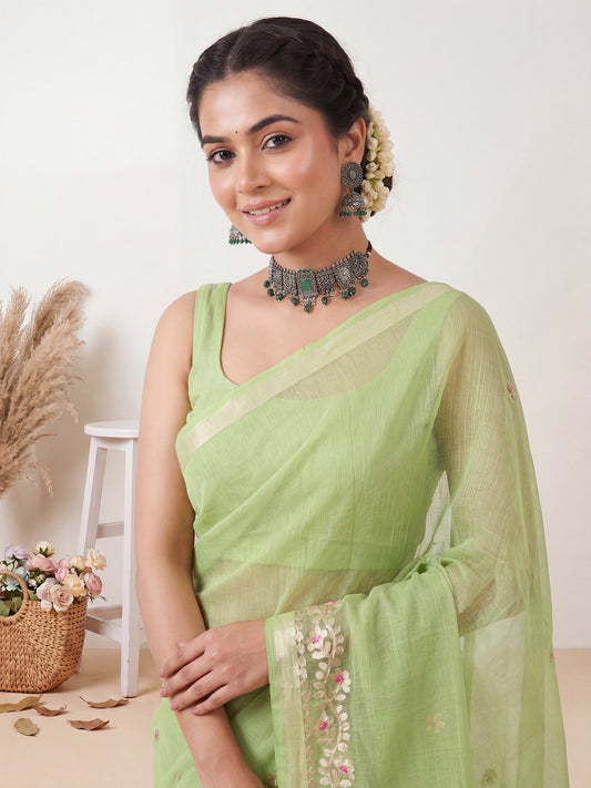Pista Green Kota Doria Cotton Saree with Gota Patti Border - Ressa