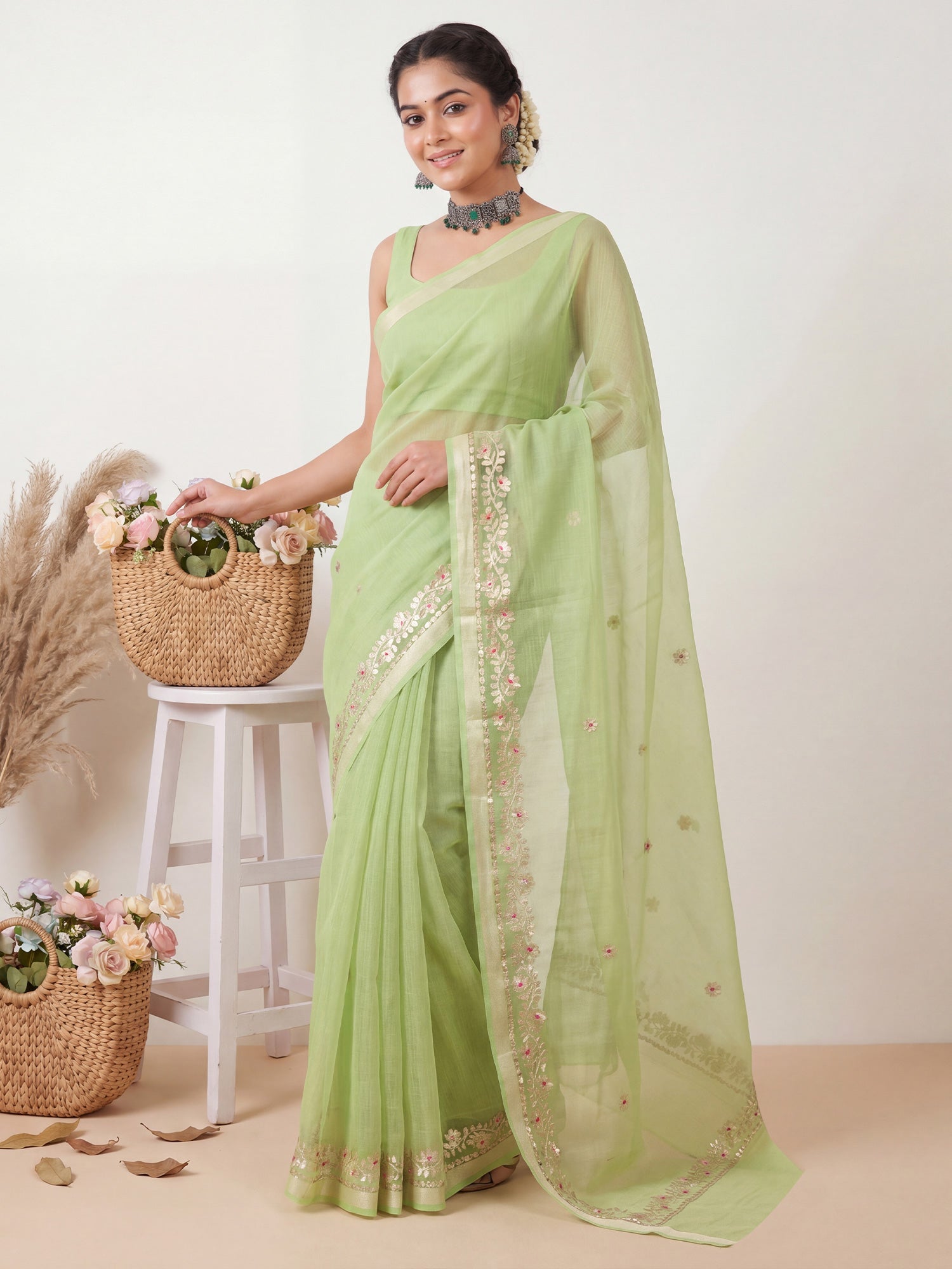 Pista Green Kota Doria Cotton Saree with Gota Patti Border - Ressa