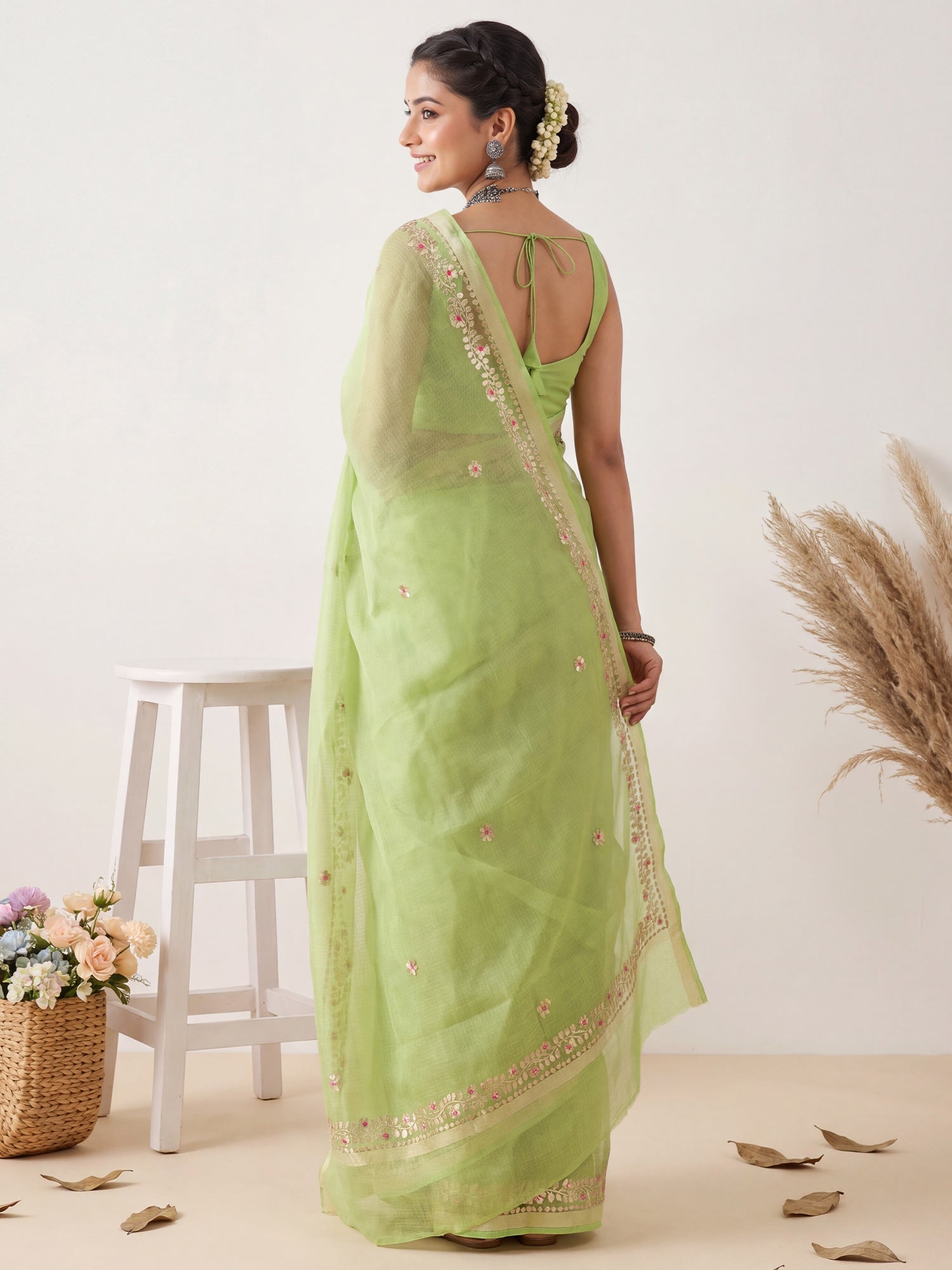 Pista Green Kota Doria Cotton Saree with Gota Patti Border - Ressa