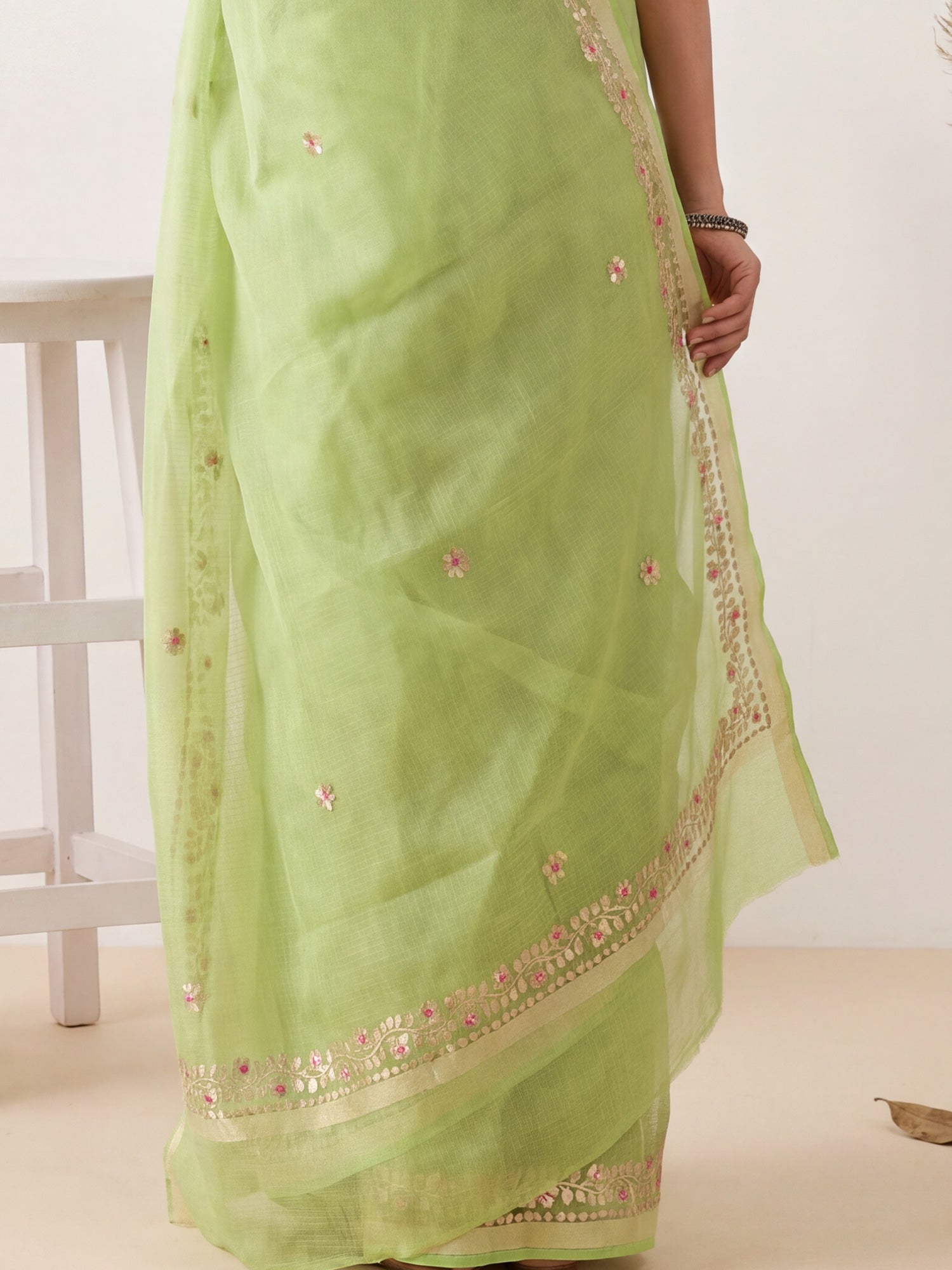 Pista Green Kota Doria Cotton Saree with Gota Patti Border - Ressa