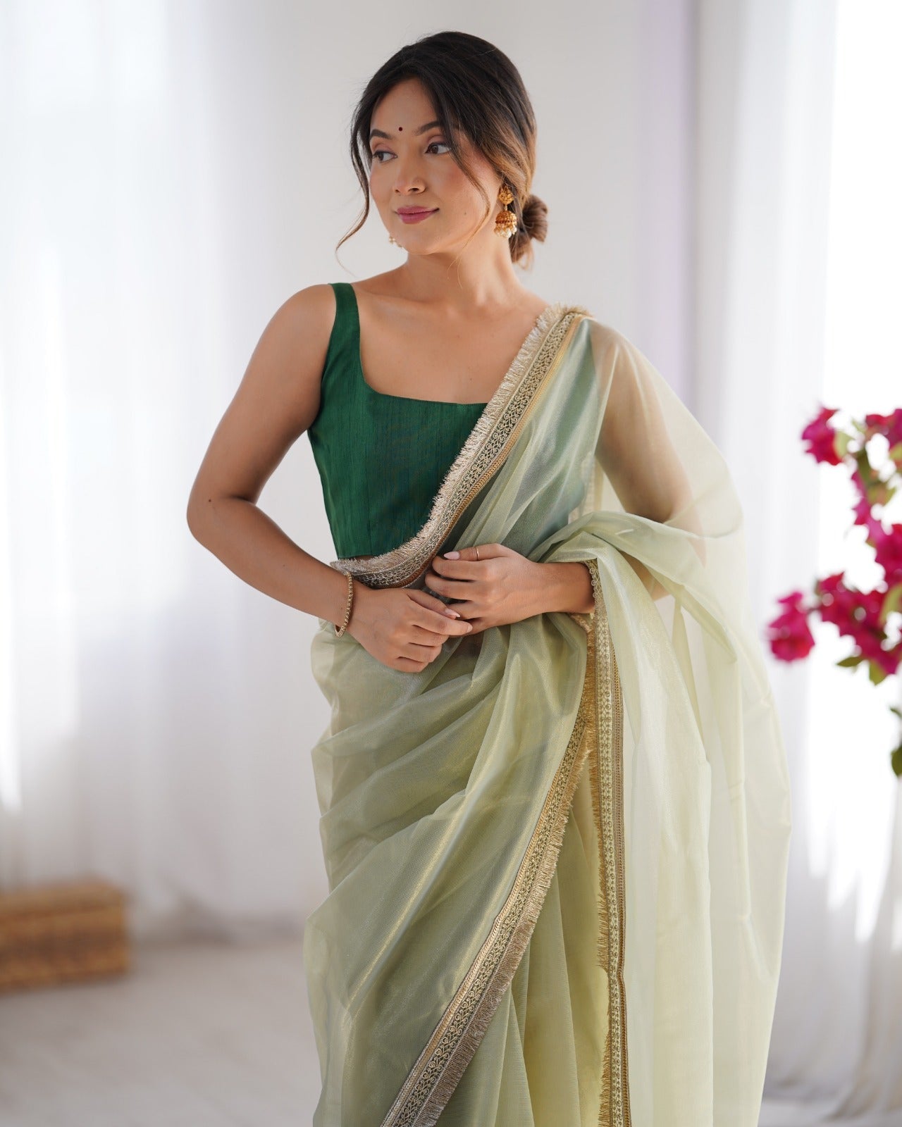 Pista Green Net Saree with Scalloped Zari Border - Ressa