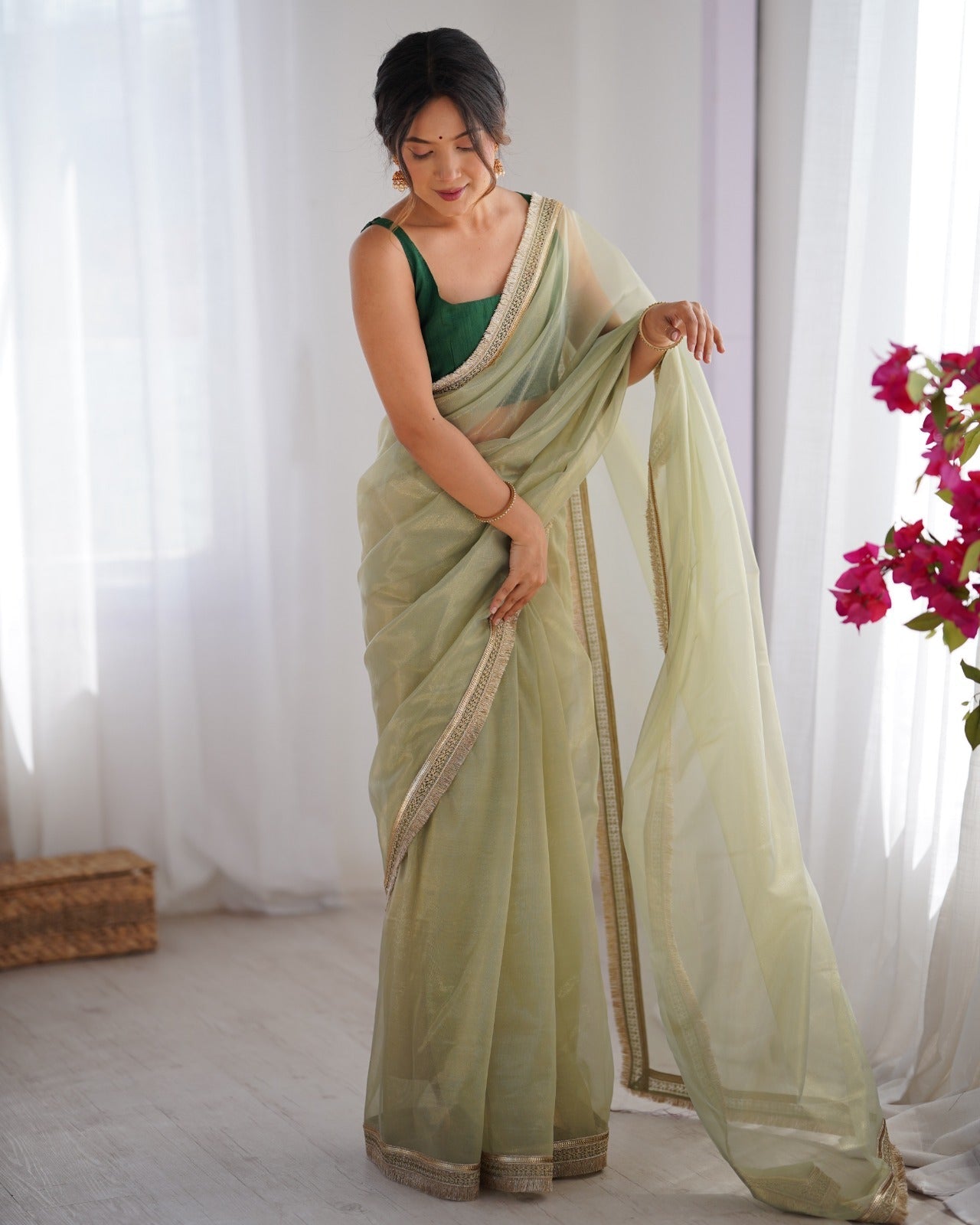 Pista Green Net Saree with Scalloped Zari Border - Ressa