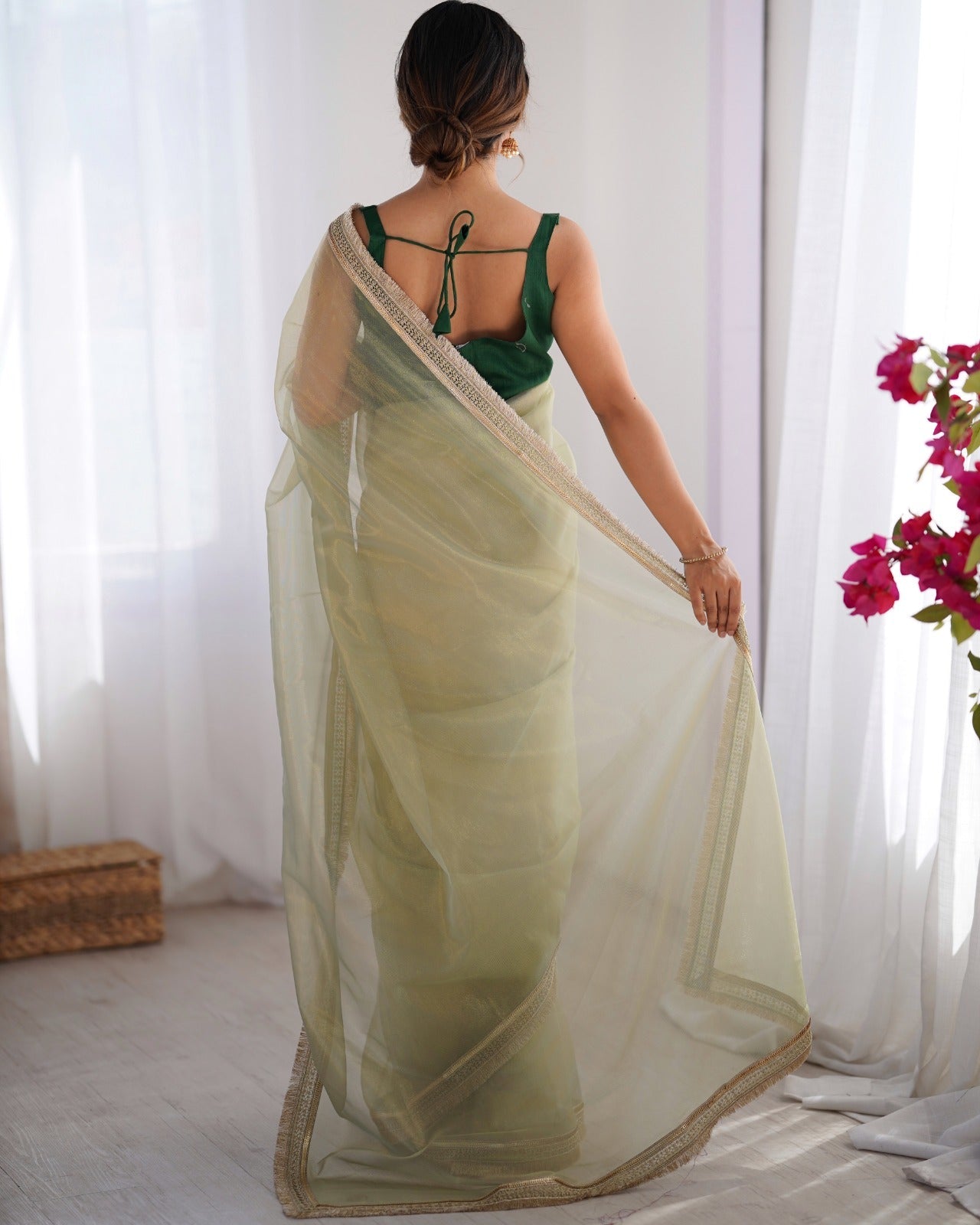 Pista Green Net Saree with Scalloped Zari Border - Ressa