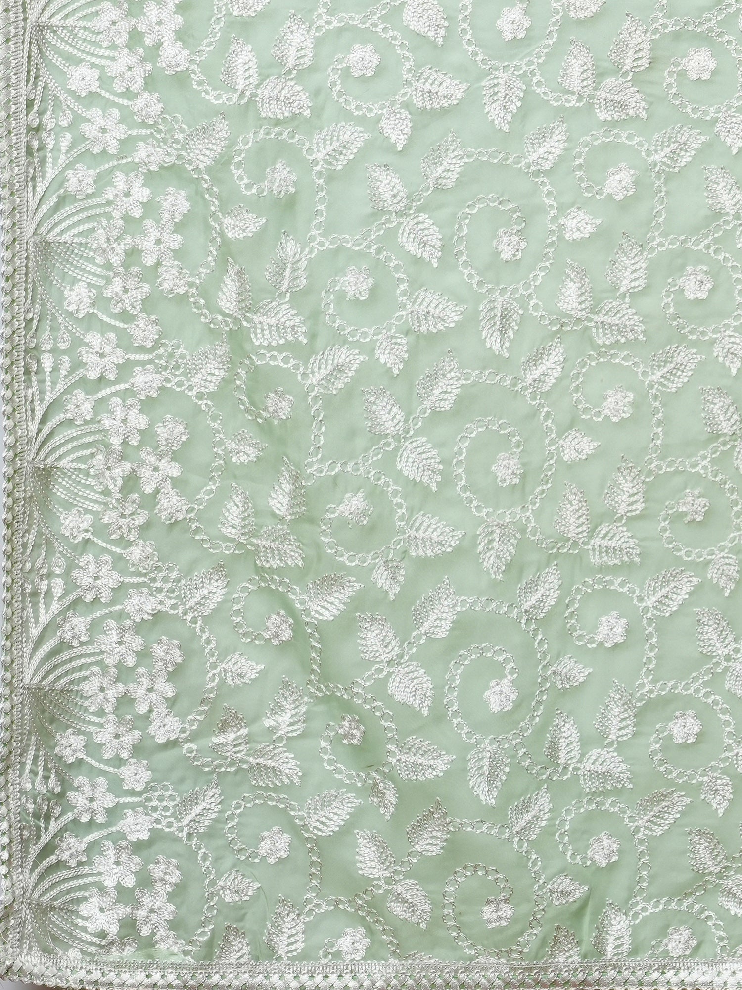 Pista Green Organza All-over White Floral Embroidery Scalloped Border Designer Blouse Saree - Ressa