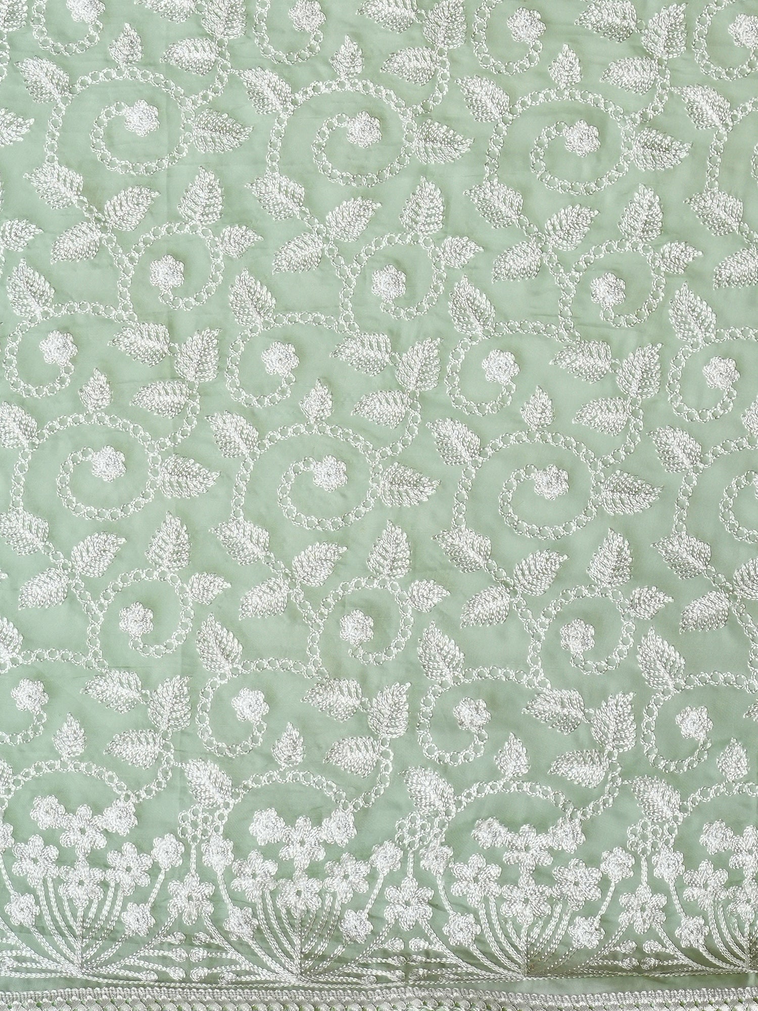 Pista Green Organza All-over White Floral Embroidery Scalloped Border Designer Blouse Saree - Ressa