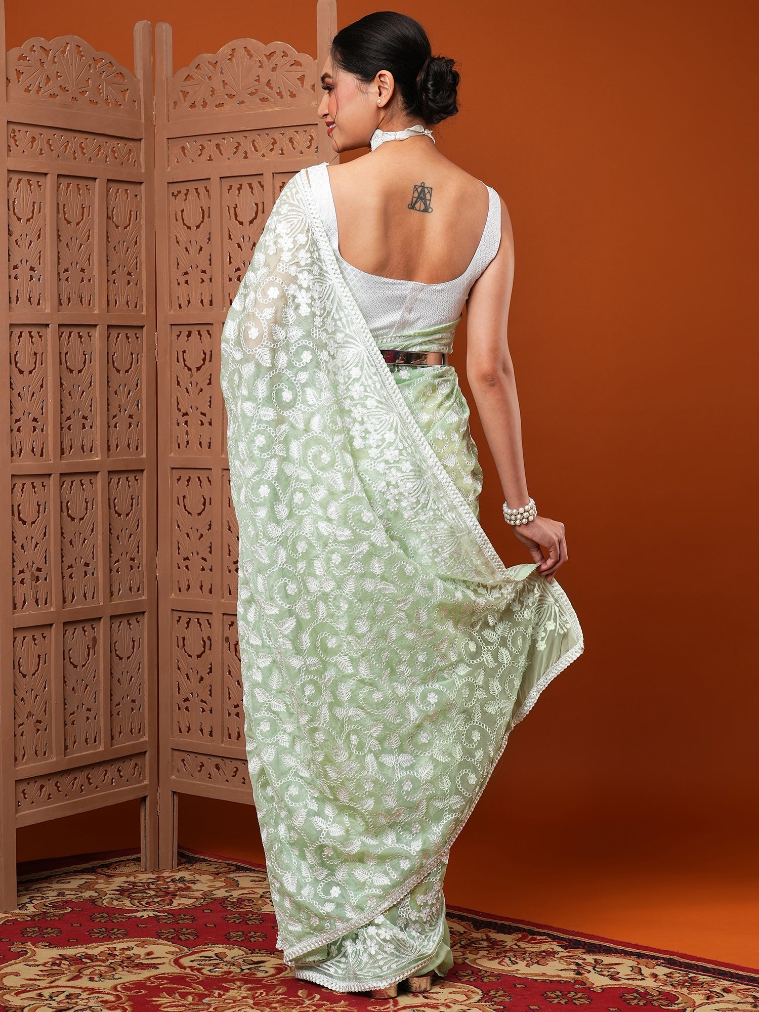 Pista Green Organza All-over White Floral Embroidery Scalloped Border Designer Blouse Saree - Ressa