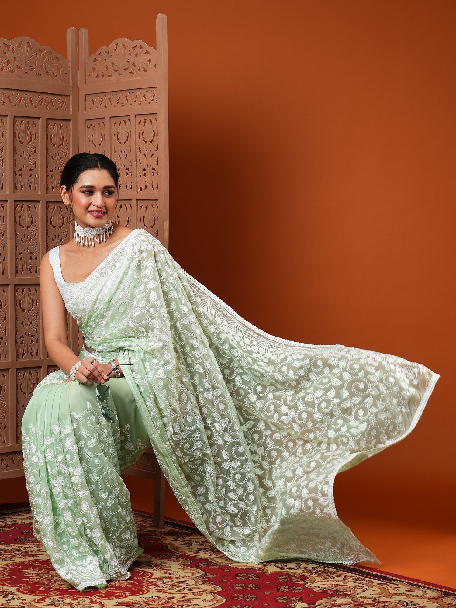Pista Green Organza All-over White Floral Embroidery Scalloped Border Designer Blouse Saree - Ressa