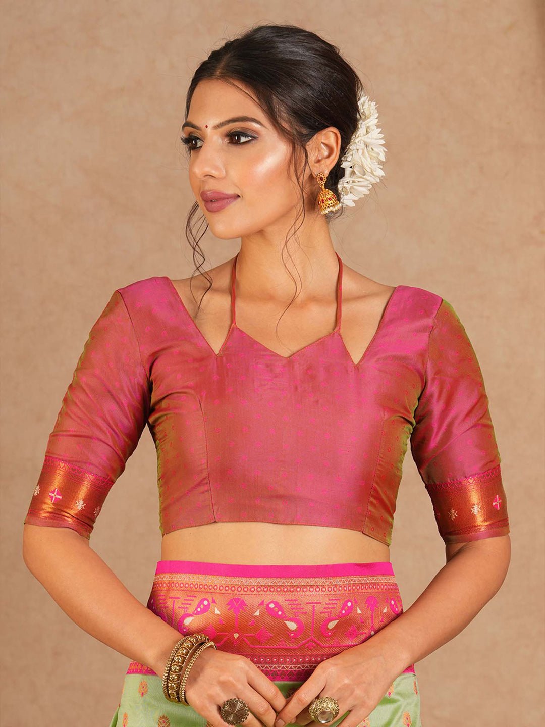 Pista Green Paithani Silk Saree with Pink Meenakari Border - Ressa