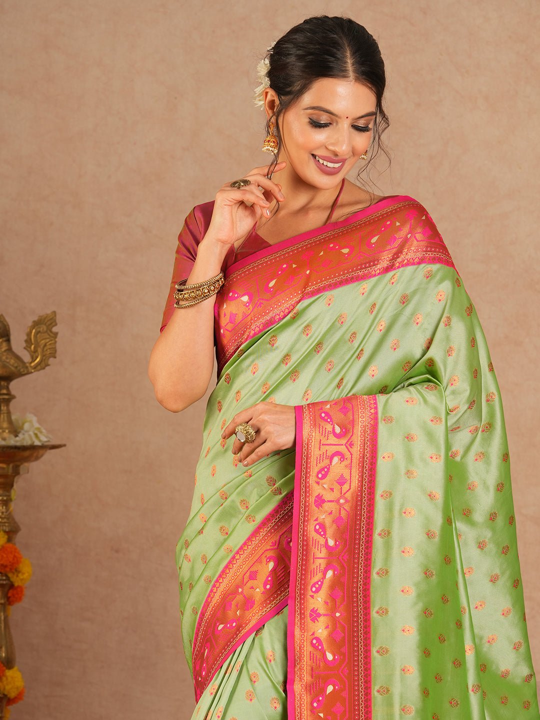 Pista Green Paithani Silk Saree with Pink Meenakari Border - Ressa