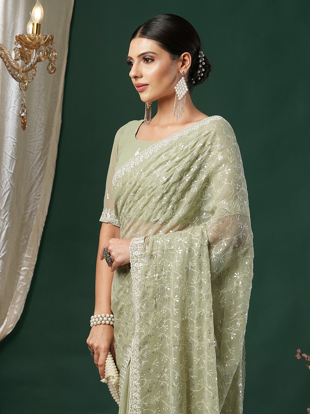 Pista Green Polyester Sequin Embroidery Saree - Ressa