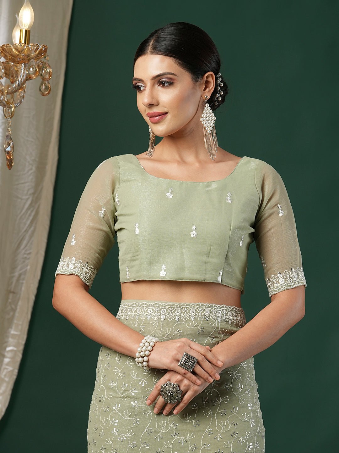 Pista Green Polyester Sequin Embroidery Saree - Ressa