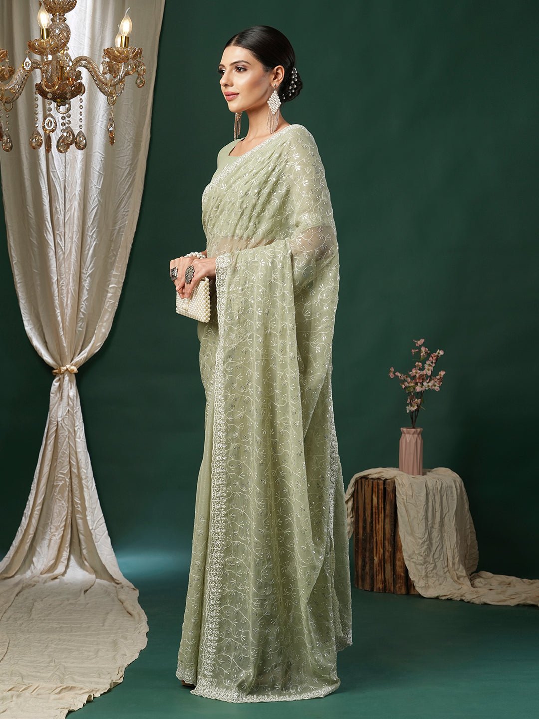 Pista Green Polyester Sequin Embroidery Saree - Ressa