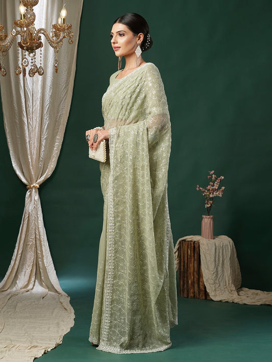 Pista Green Polyester Sequin Embroidery Saree - Ressa