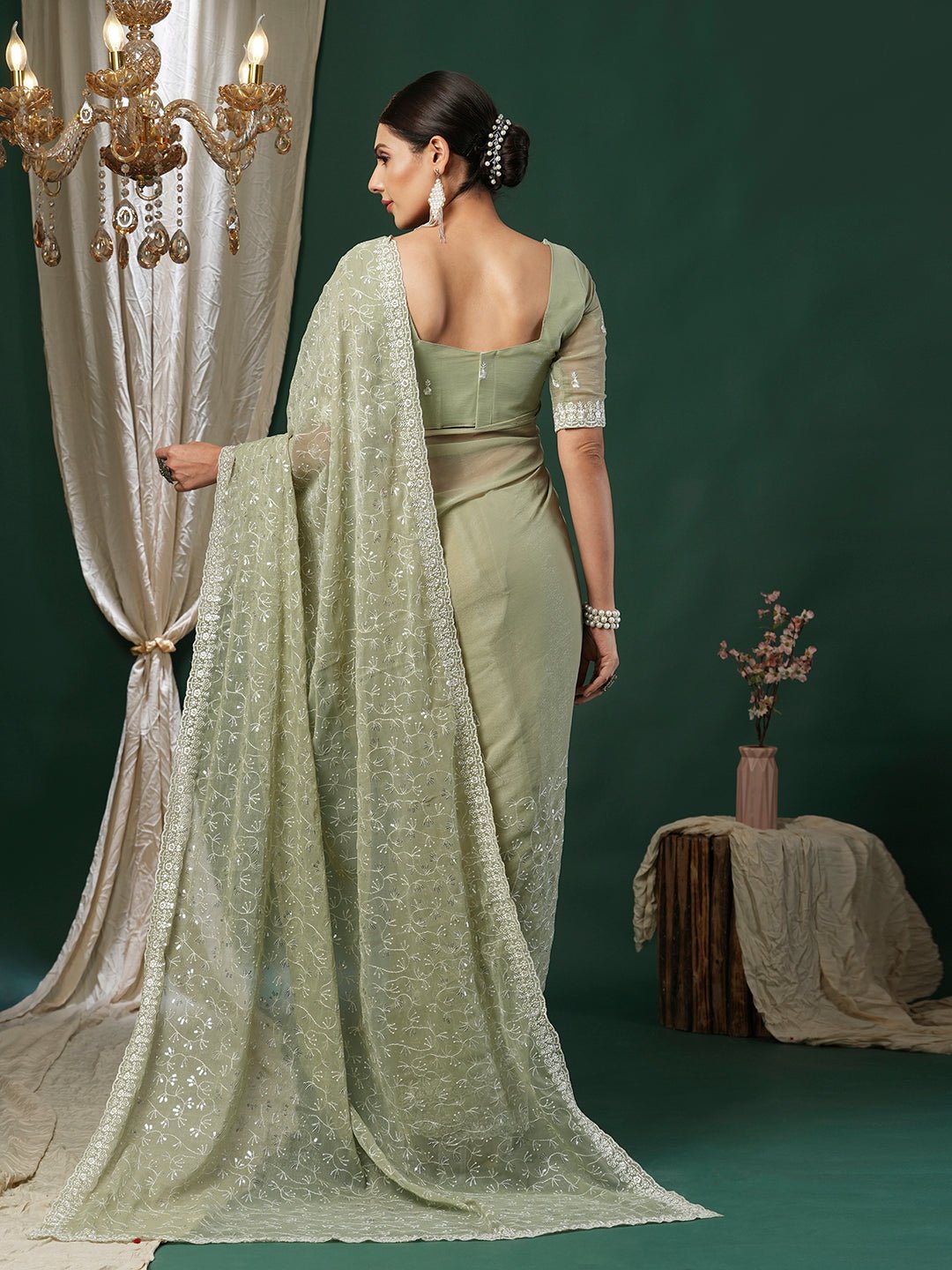 Pista Green Polyester Sequin Embroidery Saree - Ressa