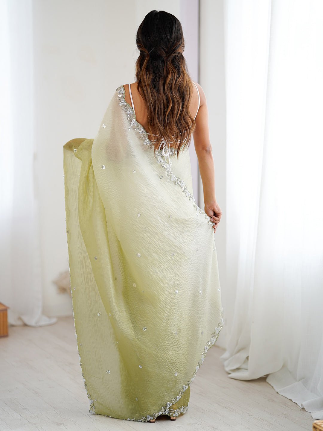 Pista Green Scalloped Border Mirror Work Saree - Ressa