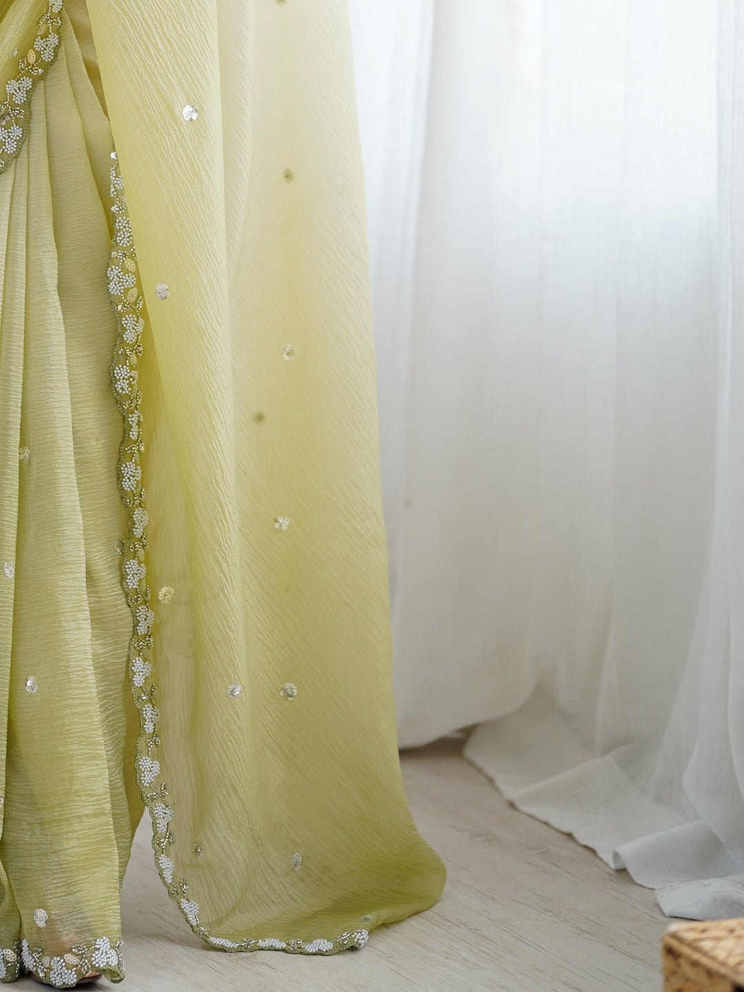 Pista Green Scalloped Border Mirror Work Saree - Ressa