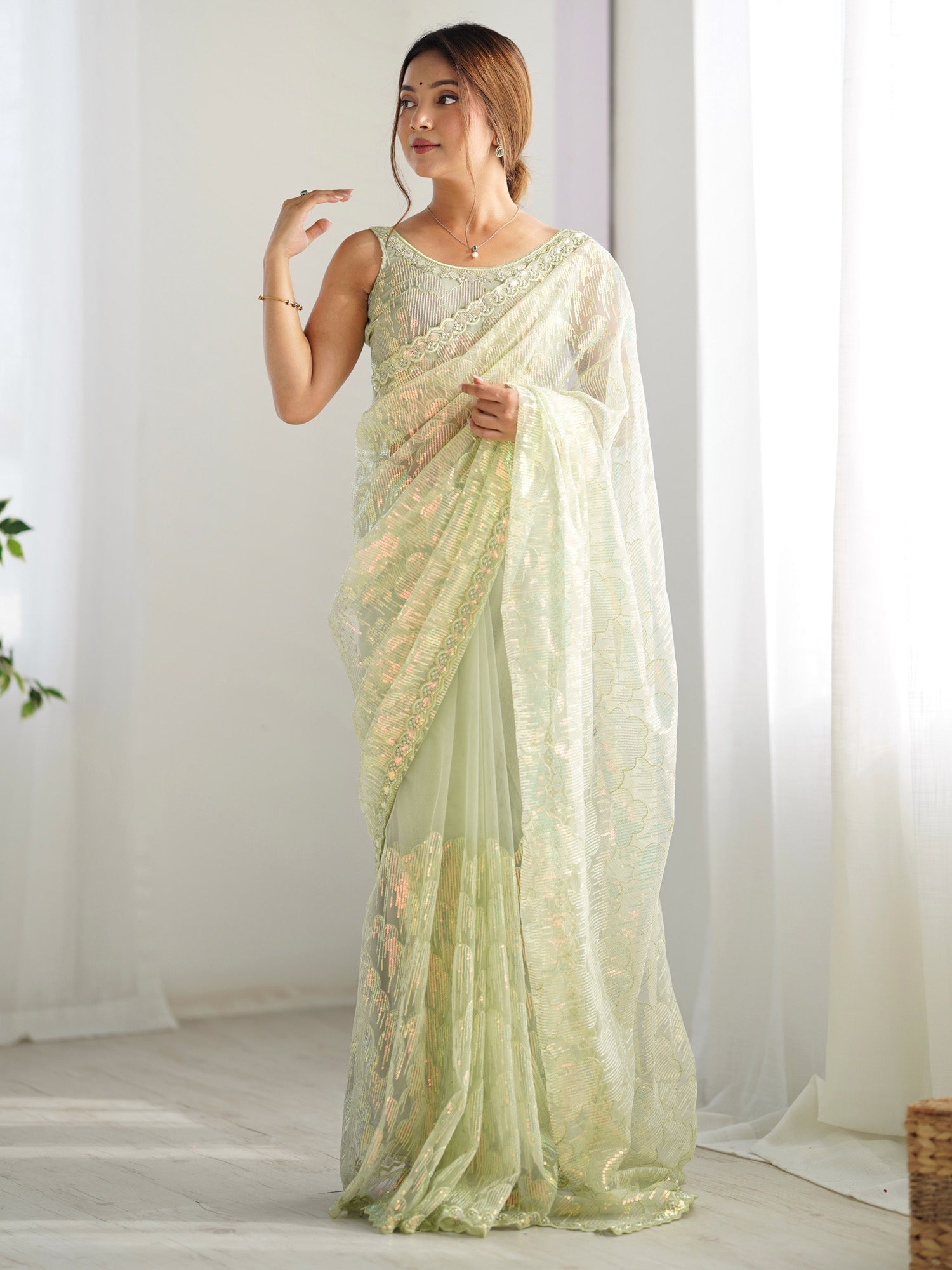 Pista Green Sequin Embroidery Net Saree - Ressa