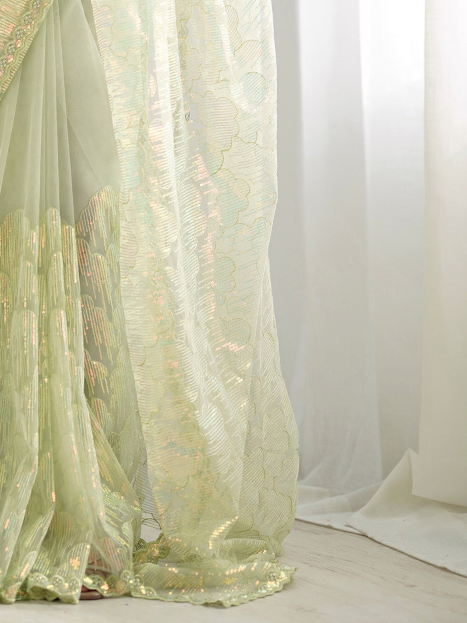 Pista Green Sequin Embroidery Net Saree - Ressa