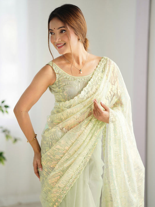 Pista Green Sequin Embroidery Net Saree - Ressa