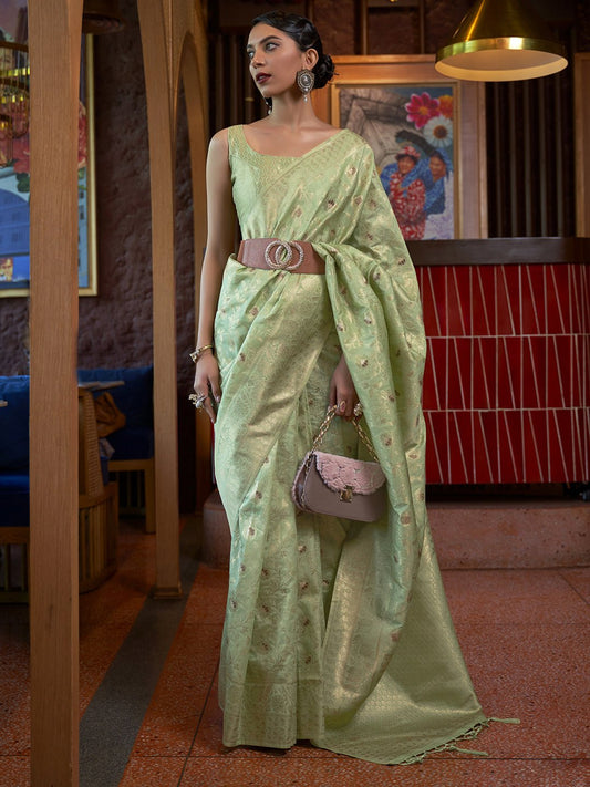 Pista Green Silk Blend Banarasi Zari Saree - Ressa