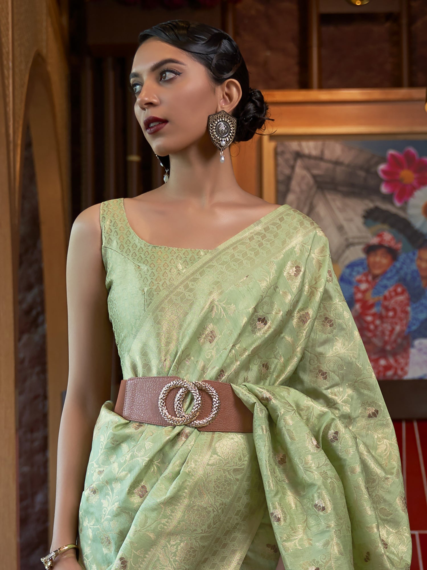 Pista Green Silk Blend Banarasi Zari Saree - Ressa