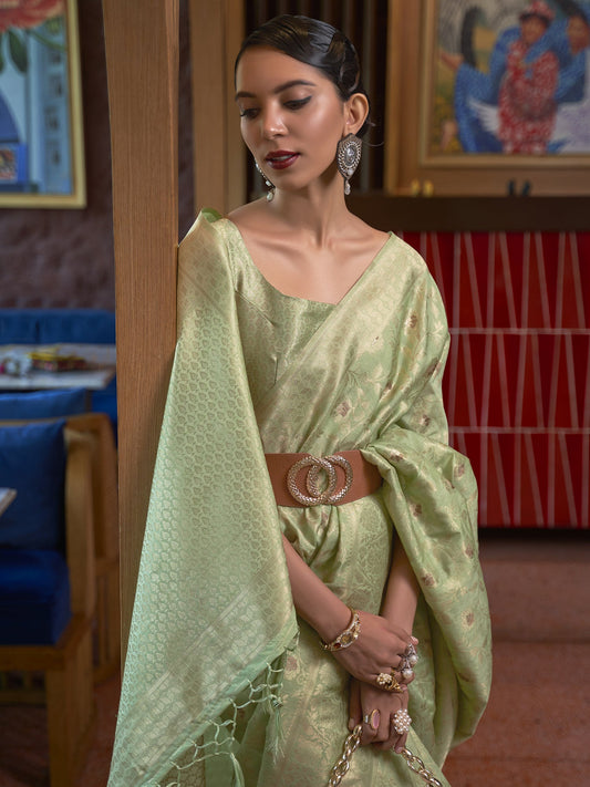 Pista Green Silk Blend Banarasi Zari Saree - Ressa