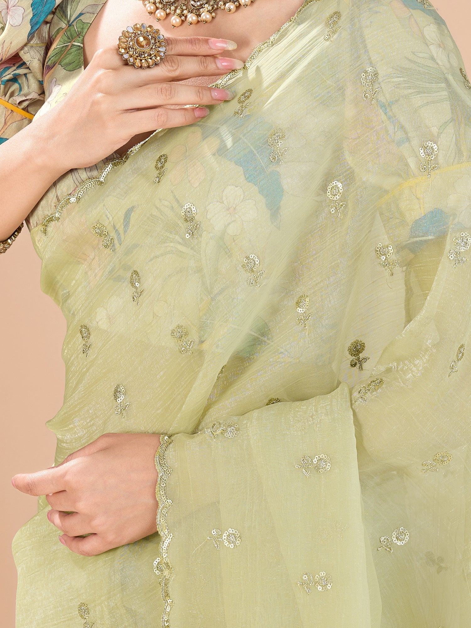 Pista Green Tissue Sequin Embroidered Saree - Ressa
