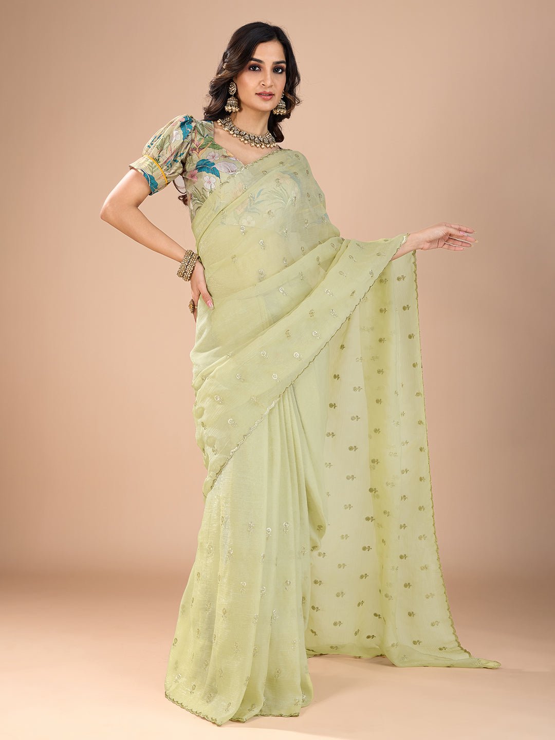 Pista Green Tissue Sequin Embroidered Saree - Ressa