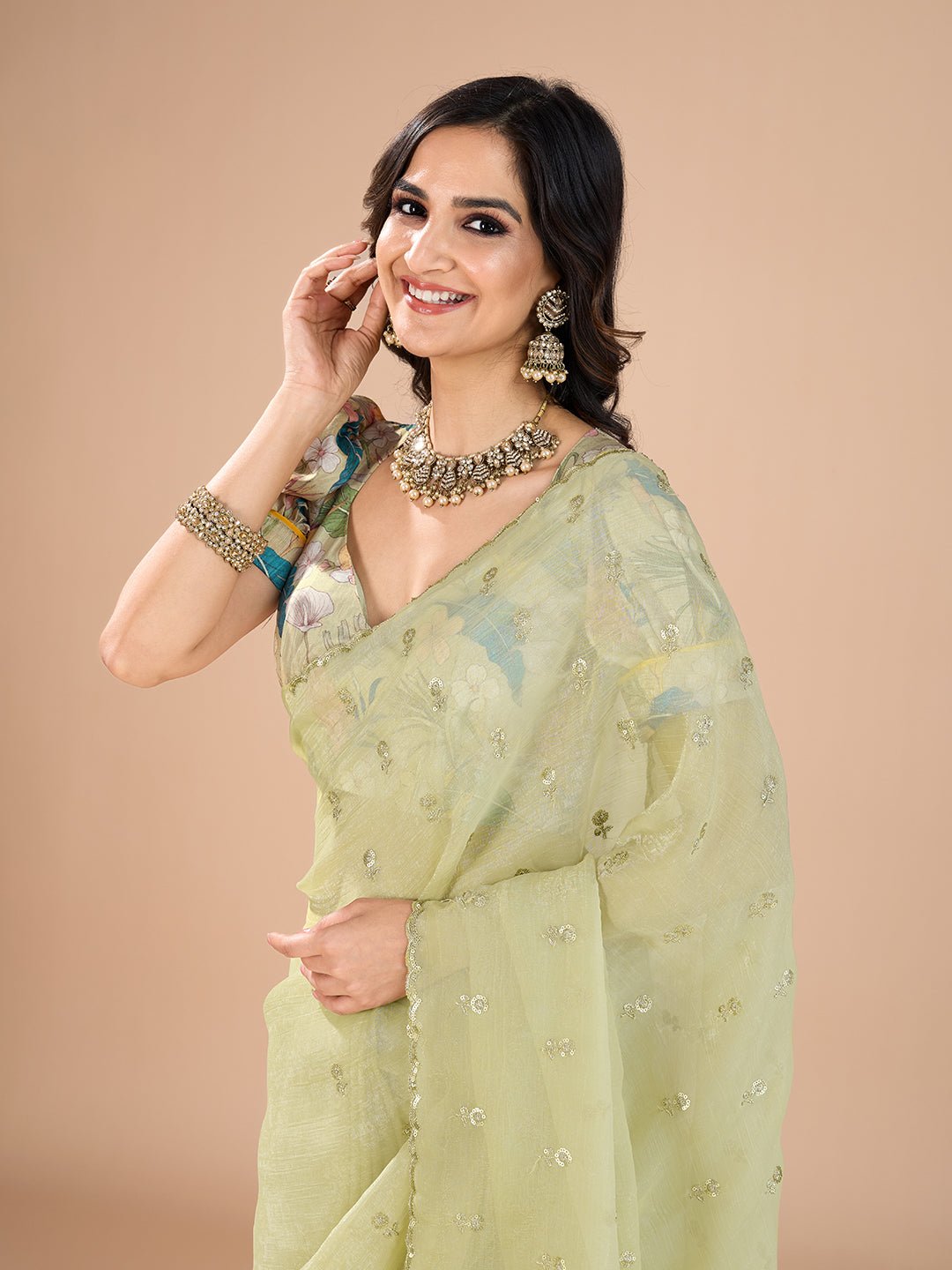 Pista Green Tissue Sequin Embroidered Saree - Ressa