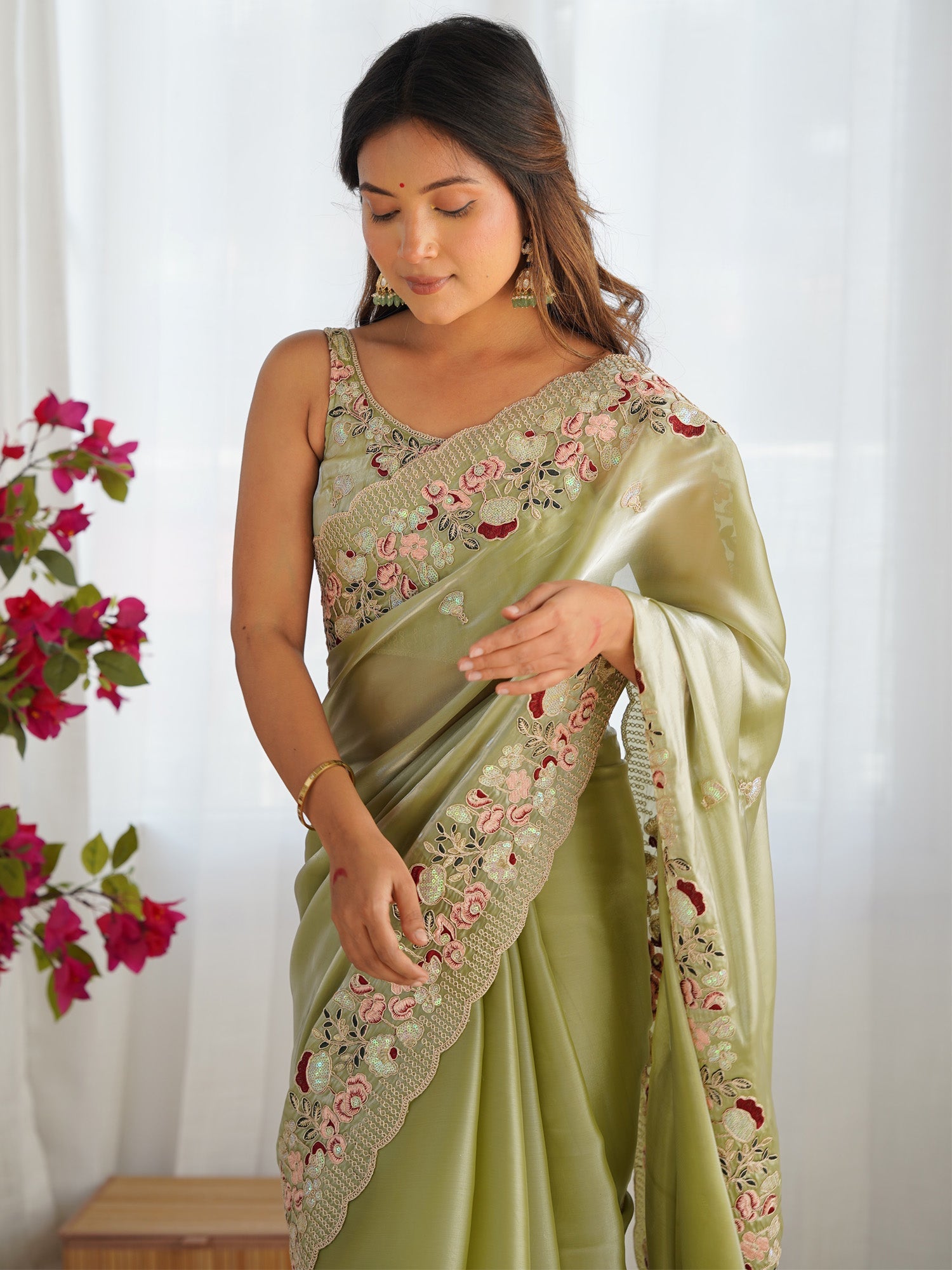 Pista Green Tissue Silk Embroidery Scalloped Saree - Ressa