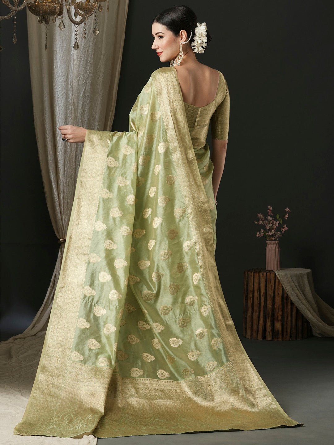 Pistachio Green Banarasi Tissue Silk Saree - Ressa