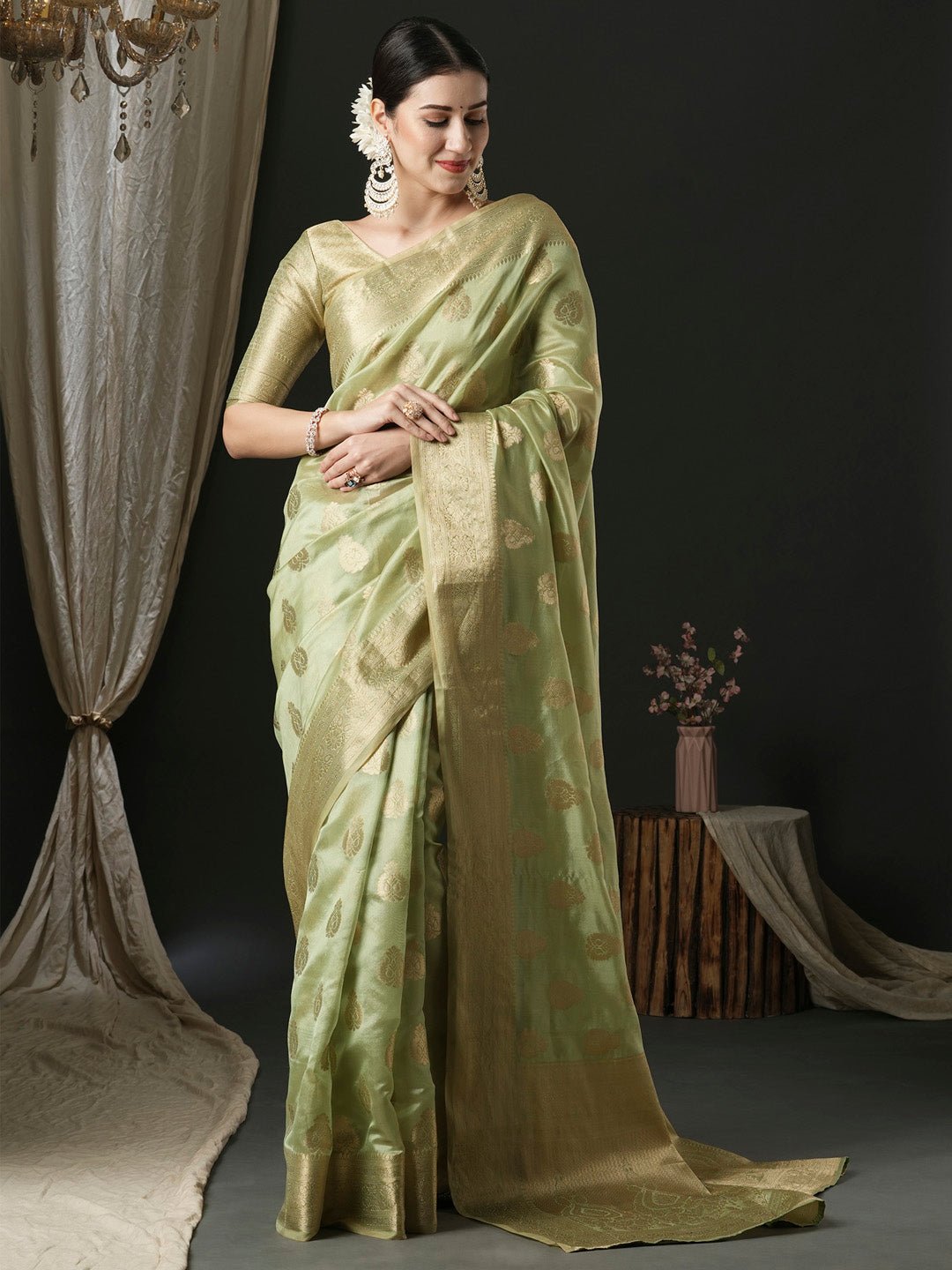 Pistachio Green Banarasi Tissue Silk Saree - Ressa