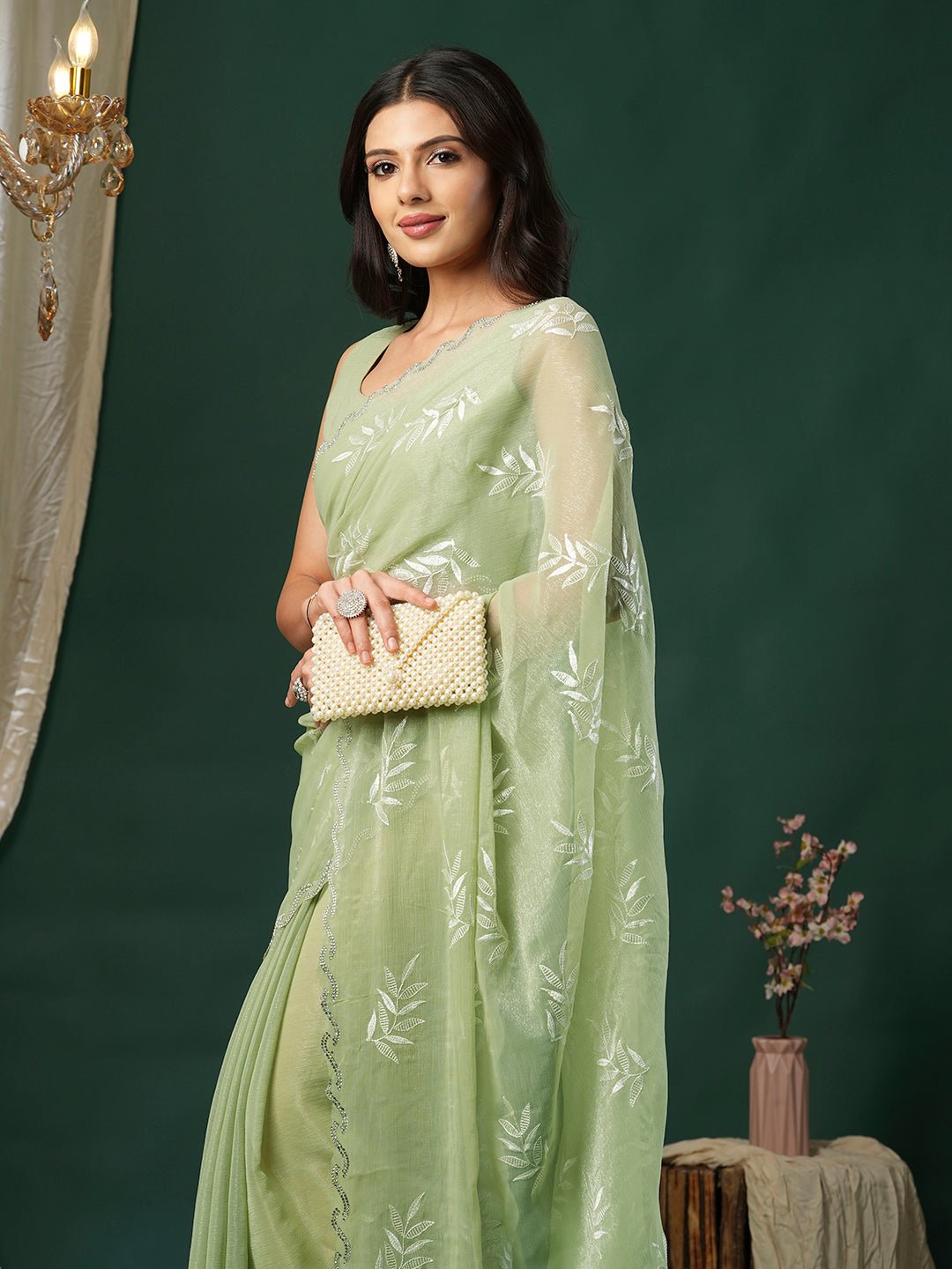 Pistachio Green Georgette Sequin Leaf Embroidery Scalloped Border Blouse Saree - Ressa